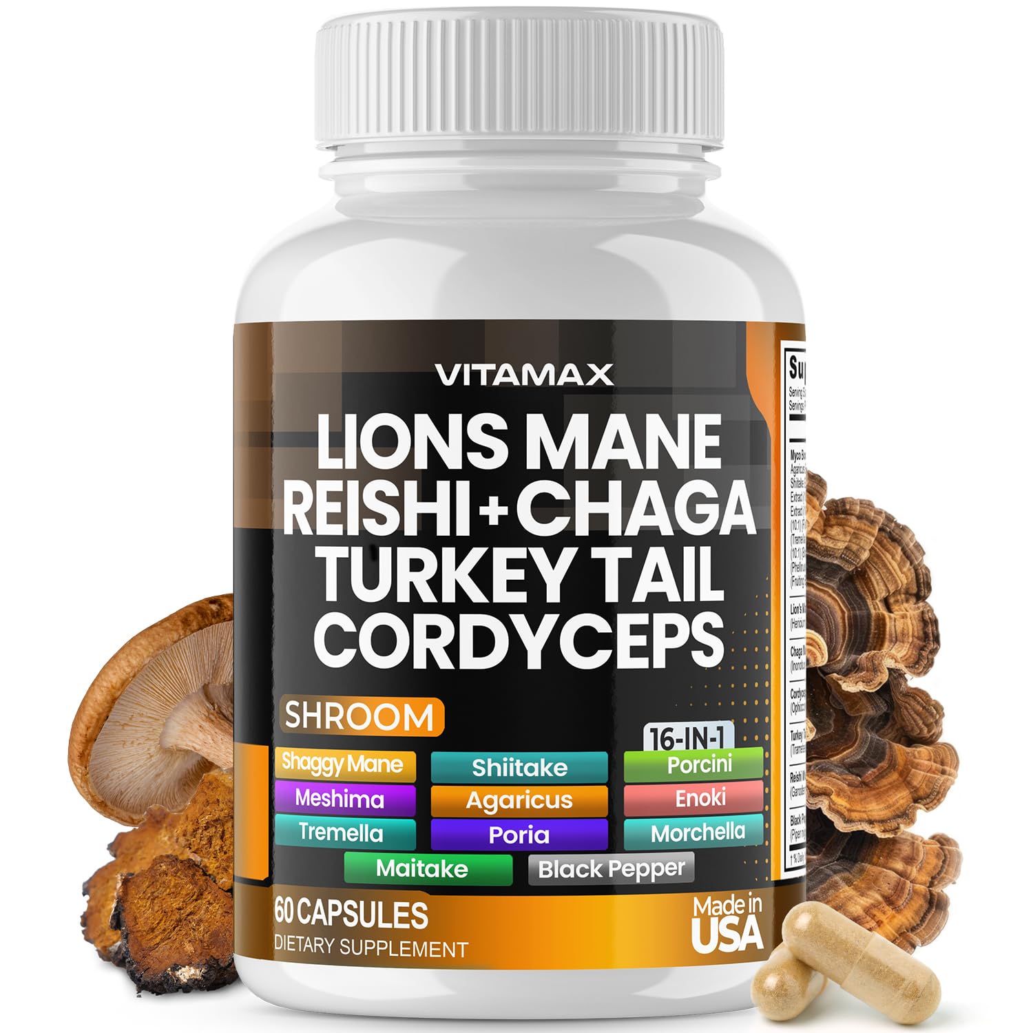 Vitamax Lions Mane Mushroom, Turkey Tail, Chaga & Reishi, Cordyceps Shiitake White Elm King Trumpet Nameko Oyster Porcini Focus & Energy Gummies, 60 Count