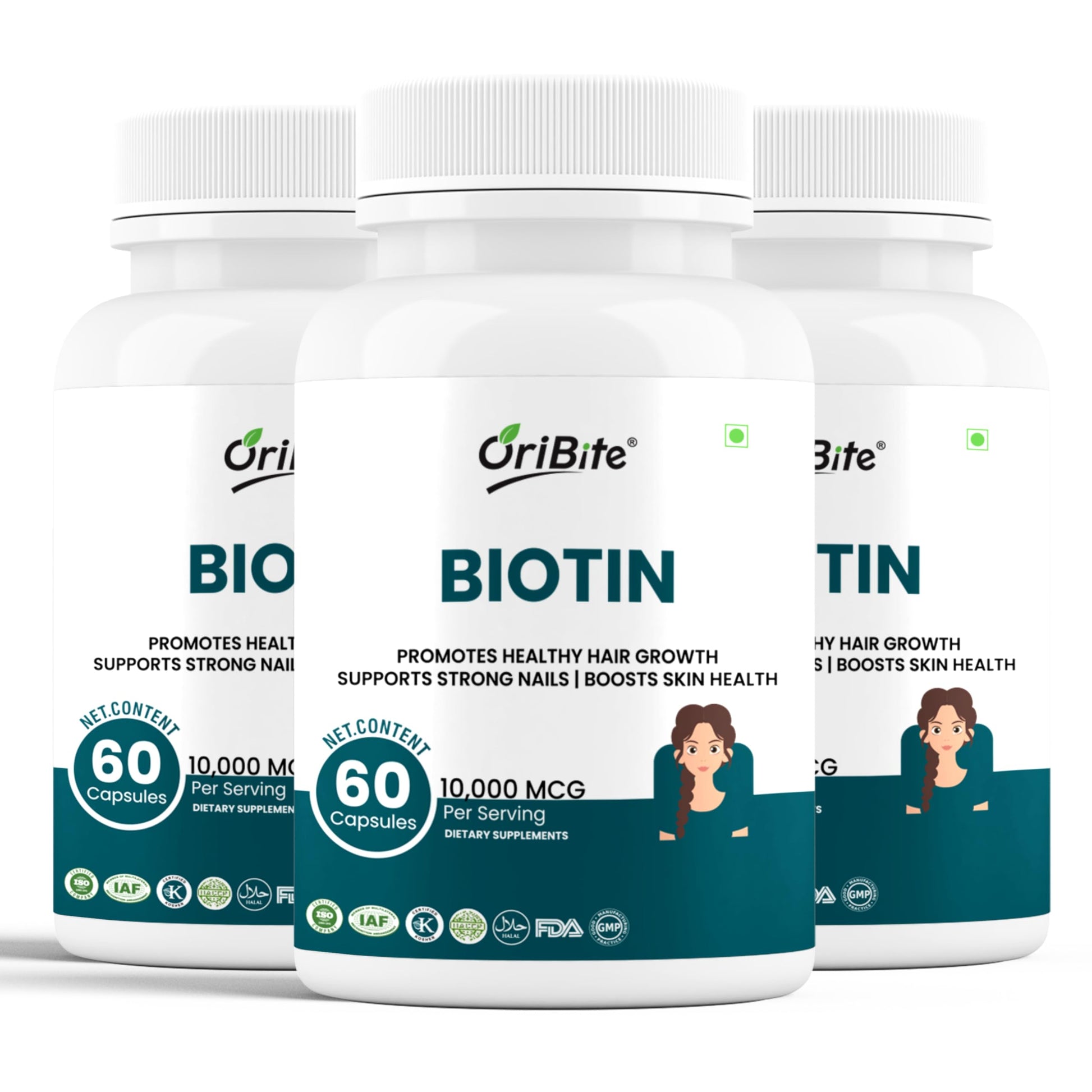 ORIBITE Biotin 10,000 mcg with Zinc & Vitamin C – Hair, Skin & Nail Support – Vegetarian, Non-GMO & Gluten-Free Supplement, 60 Capsules