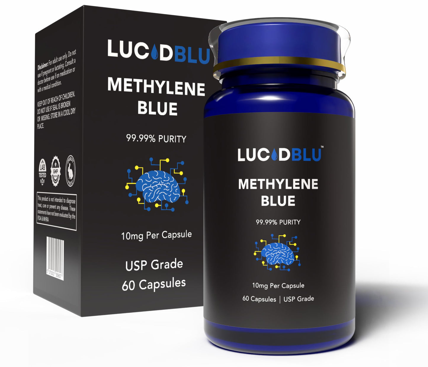 Lucid Blu Methylene Blue Capsules (USP) 10mg with Added Vitamin C, 99.99% Purity, Vegan, Halal, Kosher, 60 Capsules