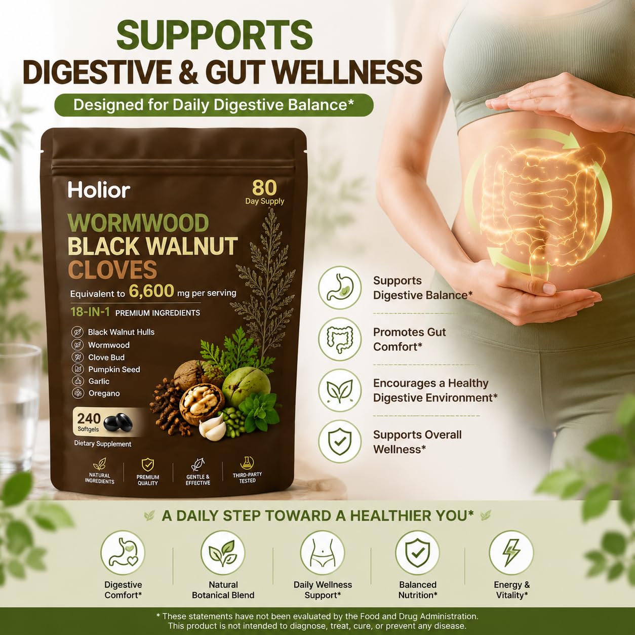 Luxero Holior Wormwood Black Walnut Cloves, 18-in-1 Herbal Blend Formula with Clove, Garlic, Turmeric, Pumpkin Seed & Oregano – Daily Digestive & Gut Balance Support Supplement, 240 Capsules