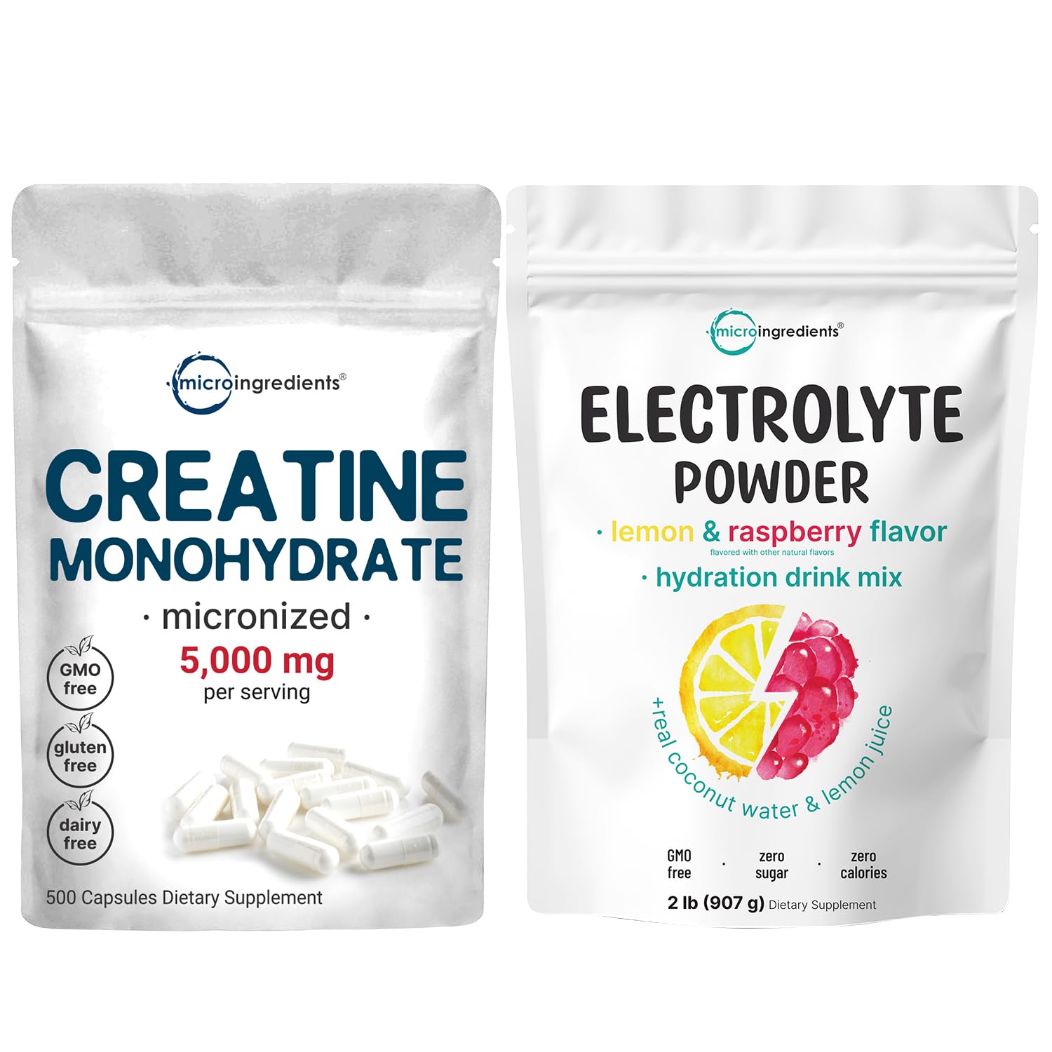 Micro Ingredients Hydration Electrolyte Powder & Creatine Monohydrate Capsules, 2-Pack Bundle