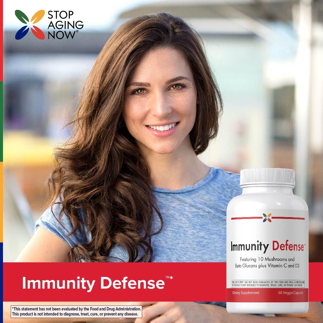 Stop Aging Now Immune Support with Vitamin C, Vitamin D3 and Mushroom Complex, 60 Capsules
