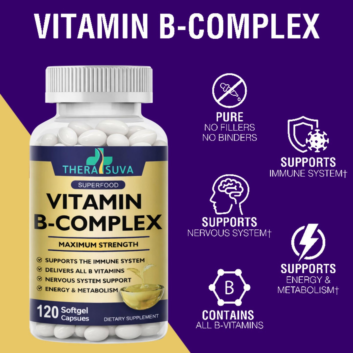 TheraSuva Vitamin B-Complex + CoQ10 + Vitamin C Max Strength Softgels, 120 Count
