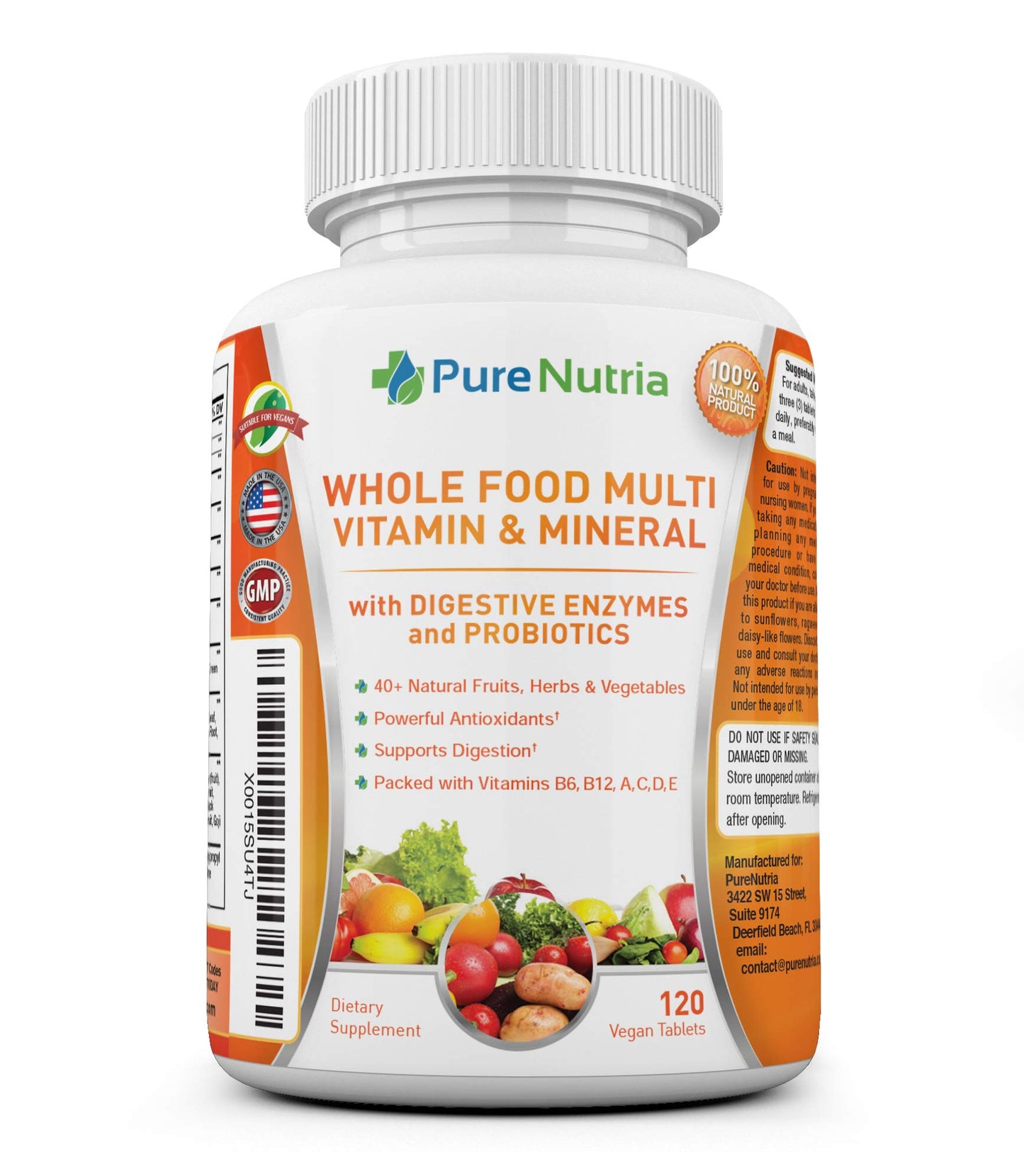 PureNutria Whole Food Multivitamin and Minerals with Probiotic Enzymes 120 Caplets