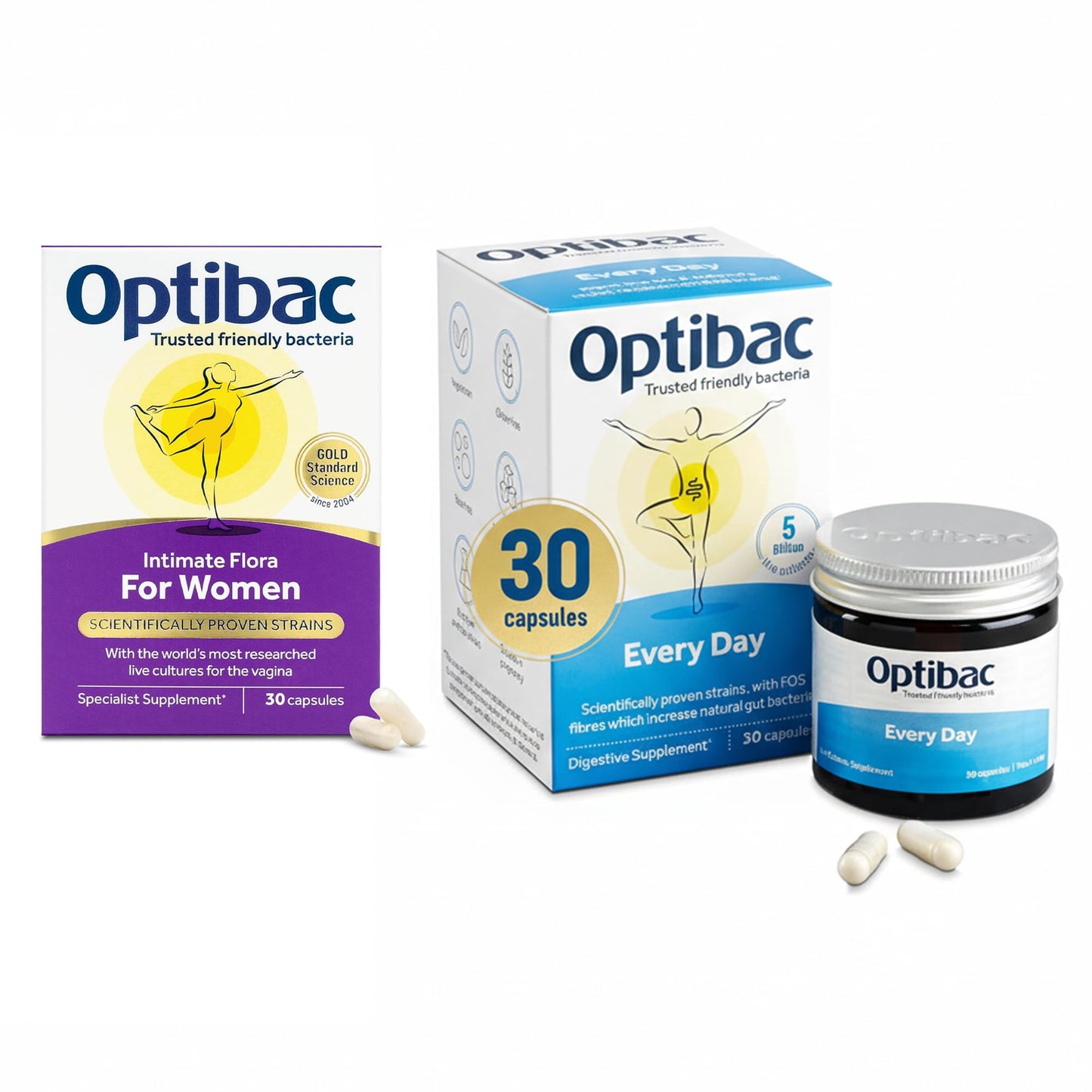 Optibac Probiotics Probiotics for Women Vaginal Health & Probiotics for Digestive Health Bundle Capsules, 30 Capsules Each