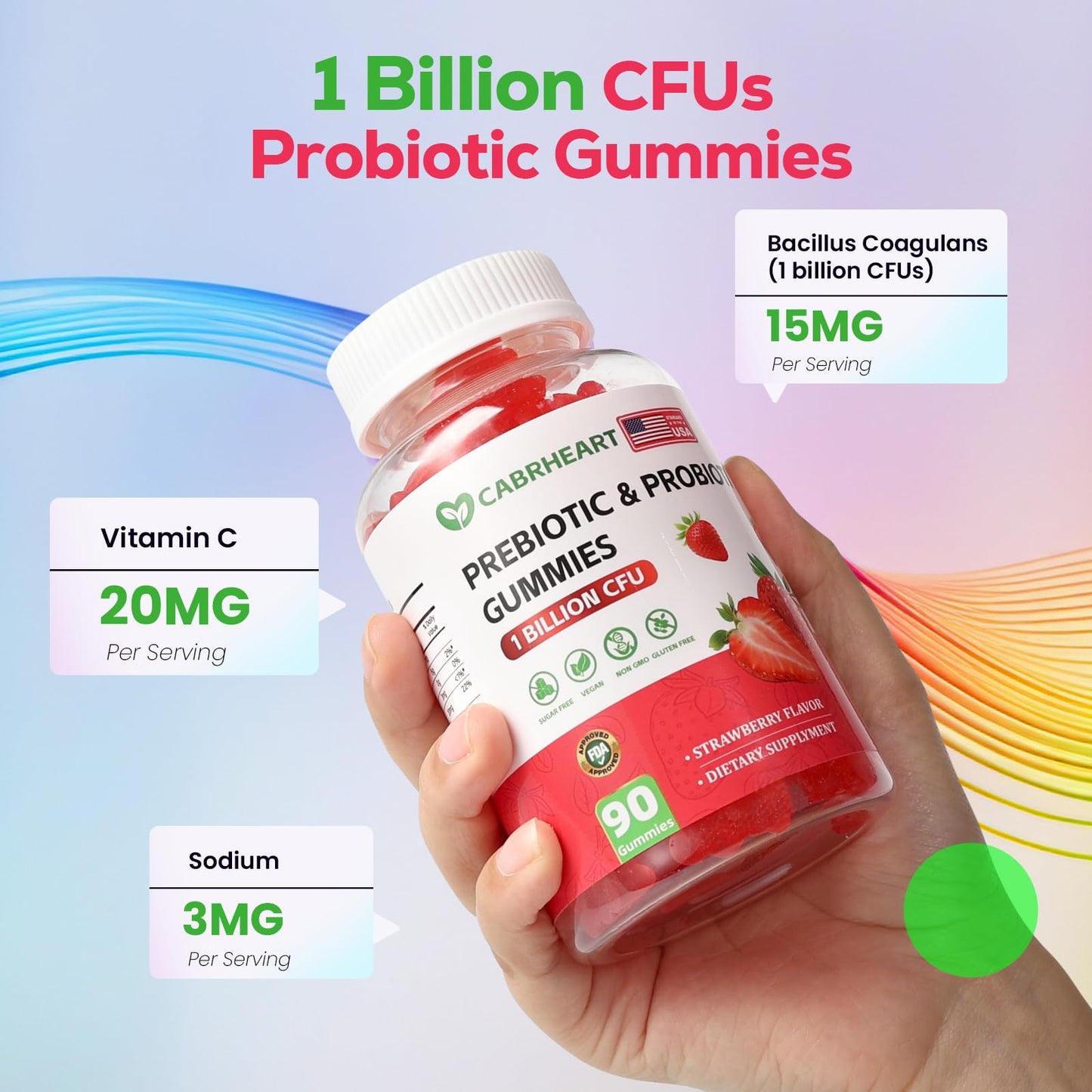 CABRHEART Prebiotics and Probiotics for Women & Men Gummies 1 Billion CFUs, Daily Probiotic for Gut Health and Immune Support, Strawberry Flavor, 90 Count