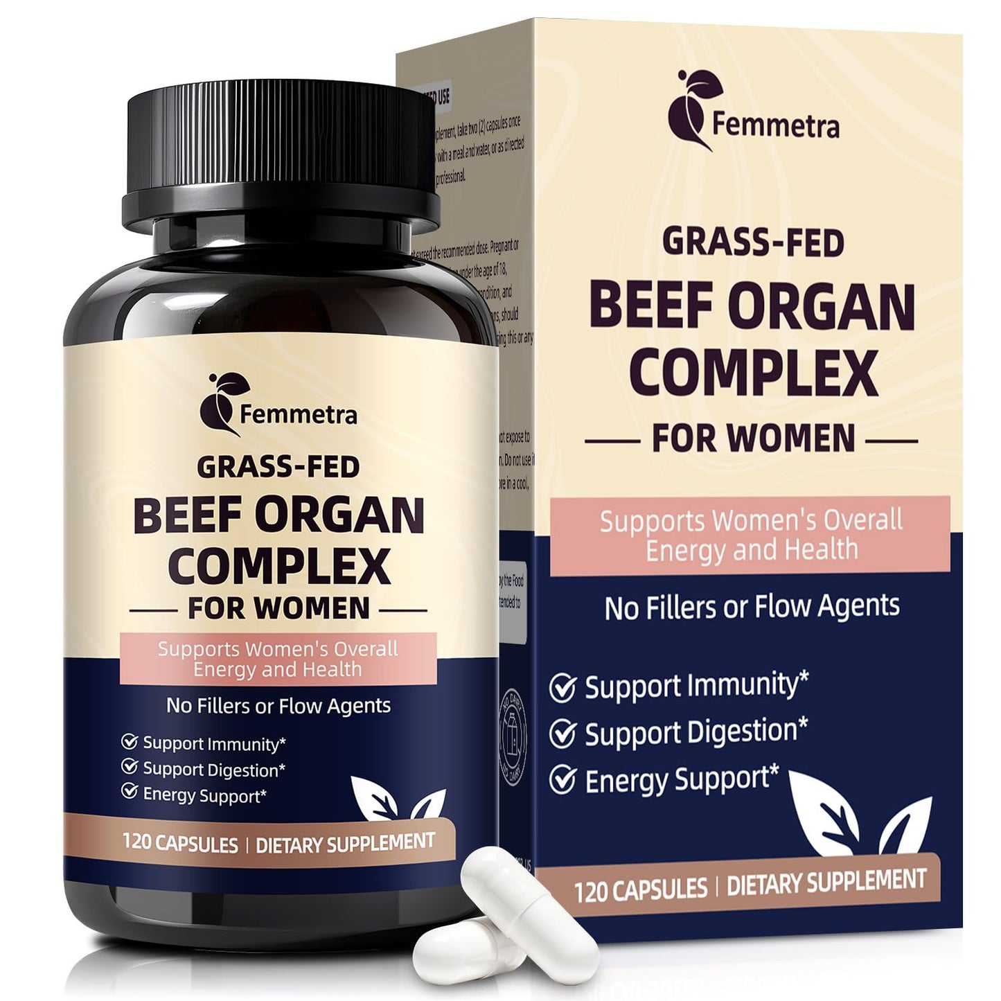 Femmetra Female-Optimized Beef Organ Complex Superfood Supplement, Beef Liver, Kidney, Heart, Uterus & 6 More - Grass-Fed, Pasture-Raised, with Milk Thistle, Balance Hormones, Energy & Women's Wellness, 120 Capsules