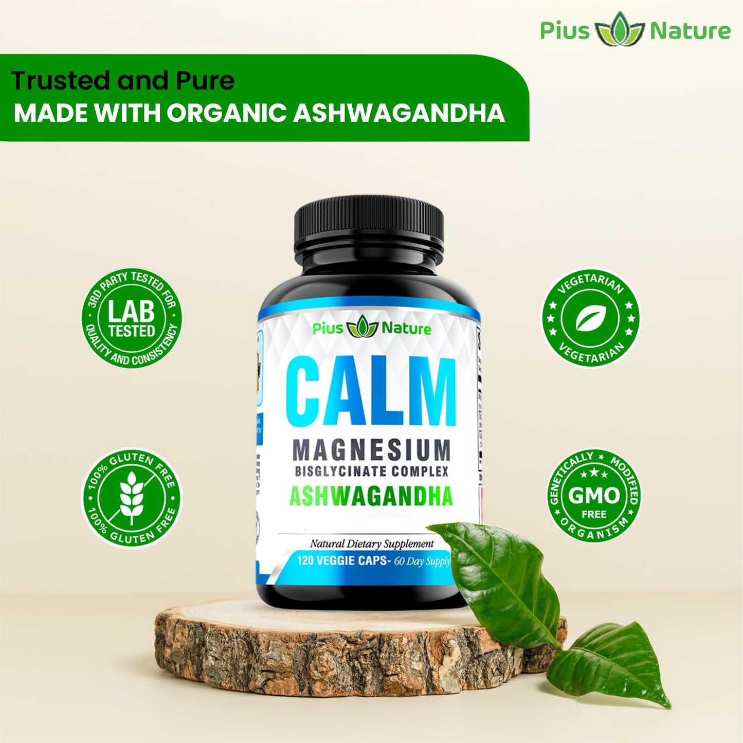 PIUS NATURE Calm Magnesium Glycinate with Ashwagandha Root Extract Capsules, 120 Capsules