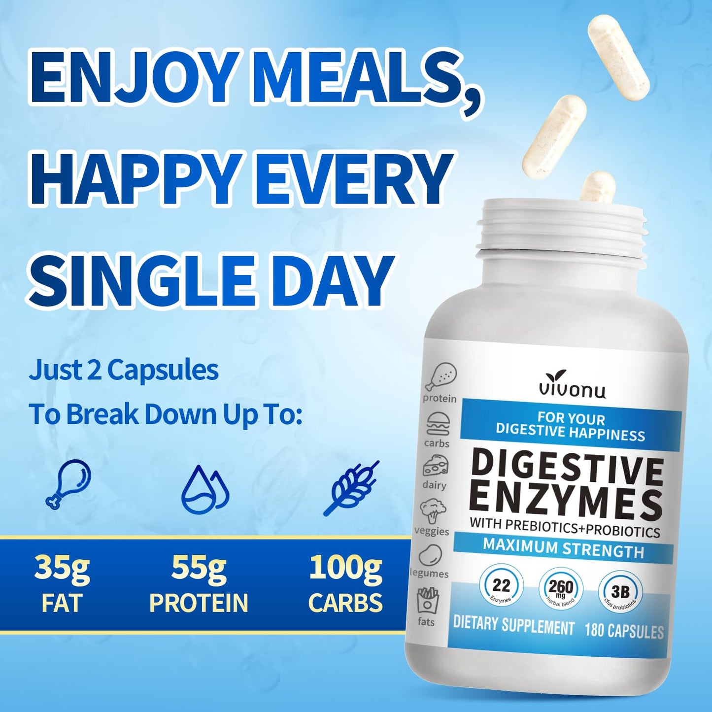 VivoNu Digestive Enzymes with Organic Prebiotics & Probiotics 180 Capsules