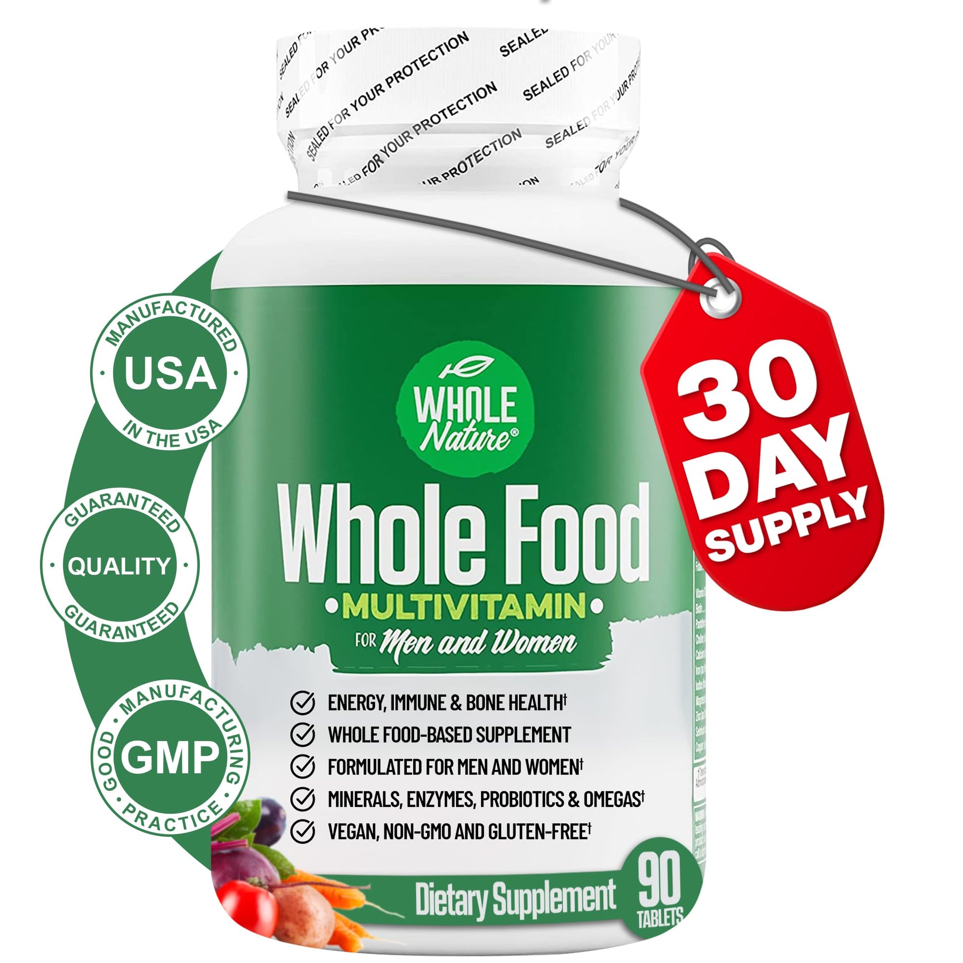 Whole Nature Whole Food Multivitamin for Men and Women Complete Daily Superfood Vitamins Plus Minerals Digestive Enzymes Probiotics and Omegas Plant Based Multi Vitamin Non-GMO 90 Capsules