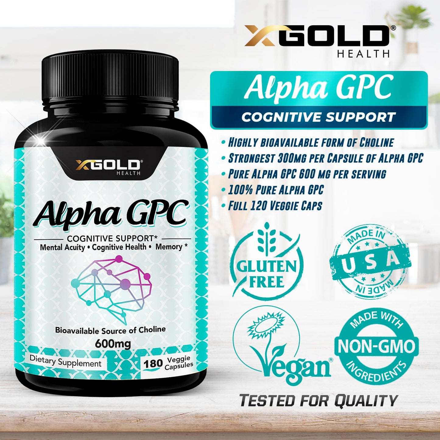 X Gold Health Alpha GPC Choline Supplement 600mg 180 Capsules