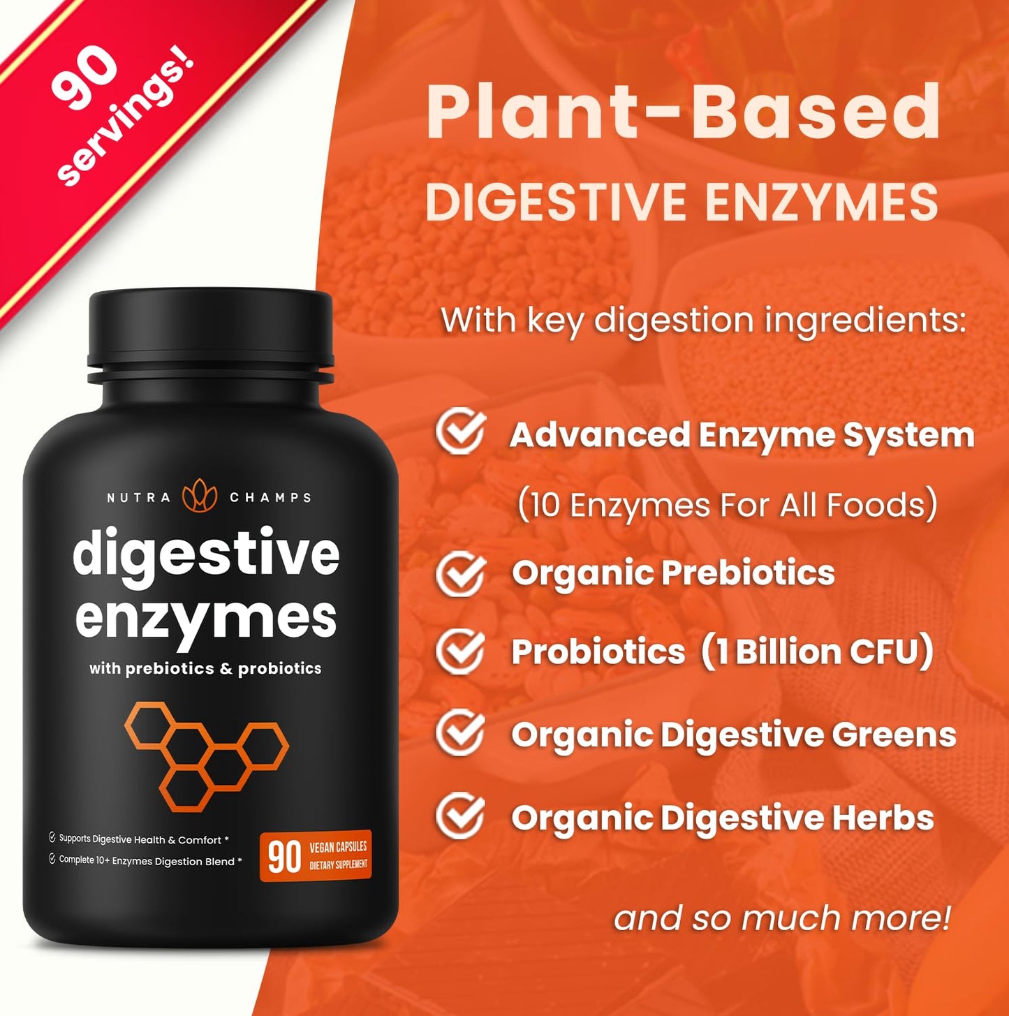 NutraChamps Digestive Enzymes with Probiotics and Prebiotics for Women & Men 90 Vegan Capsules