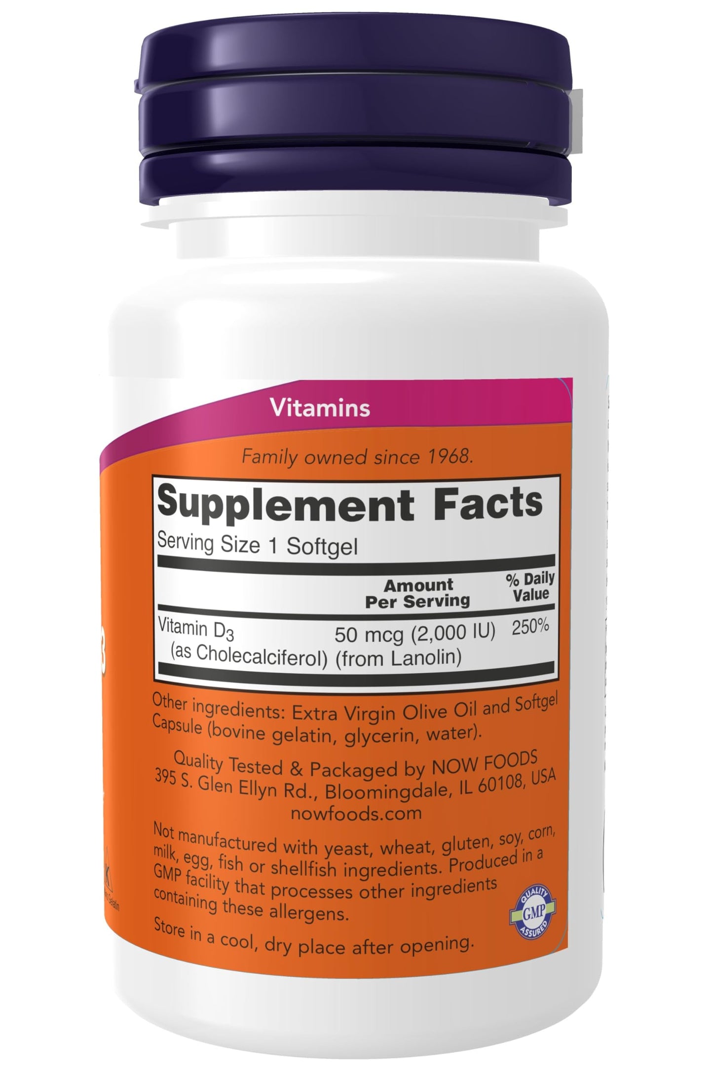 NOW Foods Vitamin D3 2000 IU Softgels, 120 Count