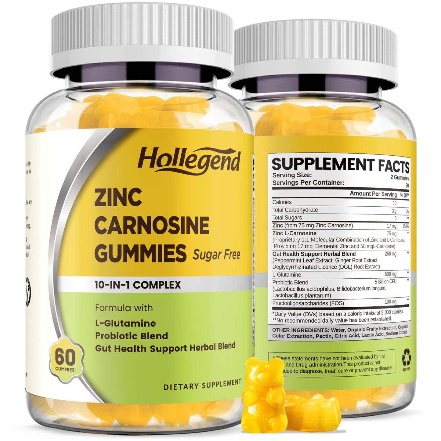 HOLLEGEND Zinc Carnosine 75mg Supplement Gummies 60 Count