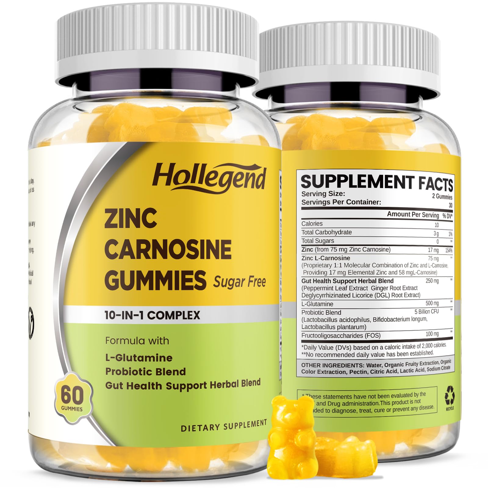 HOLLEGEND Zinc Carnosine 75mg Supplement Gummies 60 Count