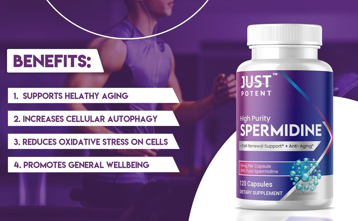 Just Potent High Purity (99%) Spermidine Supplement, 10mg per Capsule, 120 Capsules