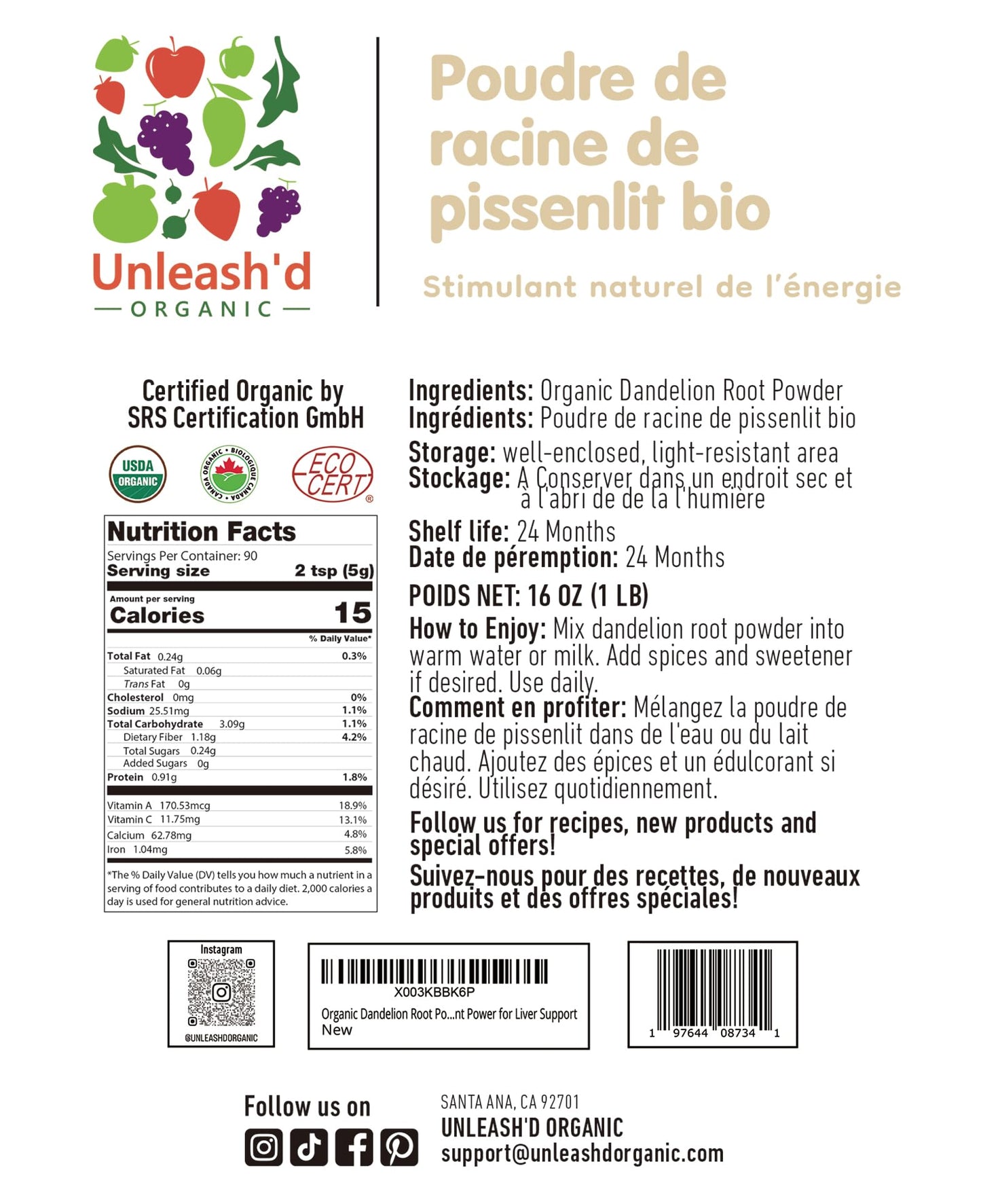 Unleash’d Organic Dandelion Root Powder 16 oz