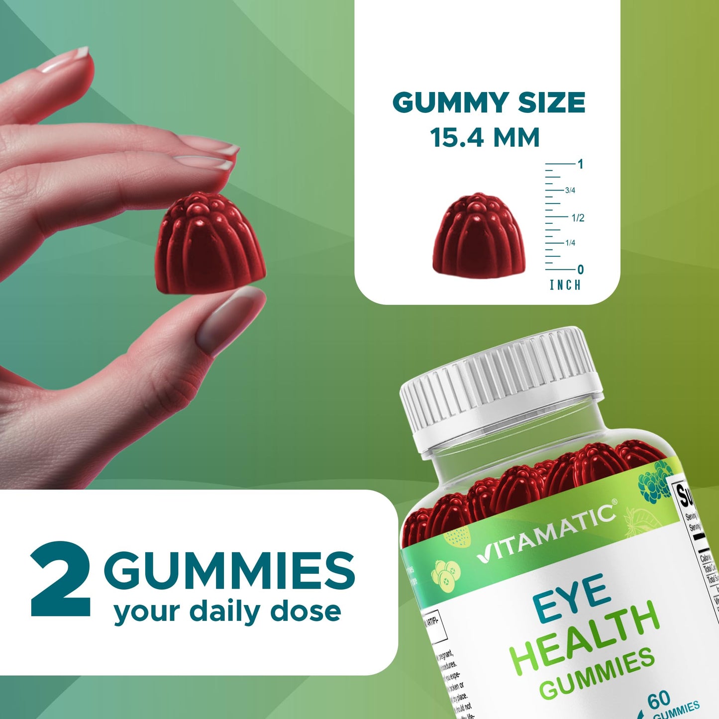 Vitamatic Eye Health Gummies with Lutein, Zeaxanthin, Vitamin C, E & Zinc – Mixed Berry Flavor, 60 Gummies