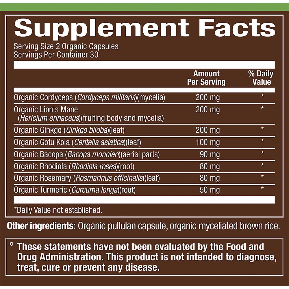 plnt Organic Brain Health Support - Herbal Formula with Organic Mushrooms Capsules 1 Count