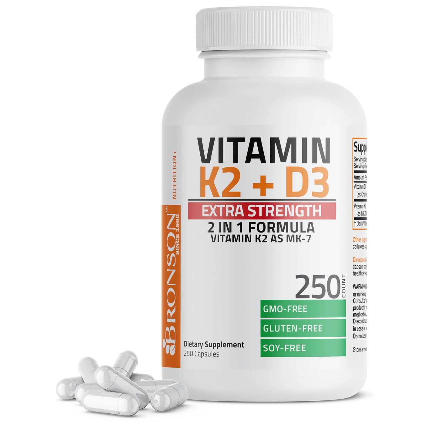 Bronson Vitamin K2 (MK7) with D3 Extra Strength Capsules, 250 Count