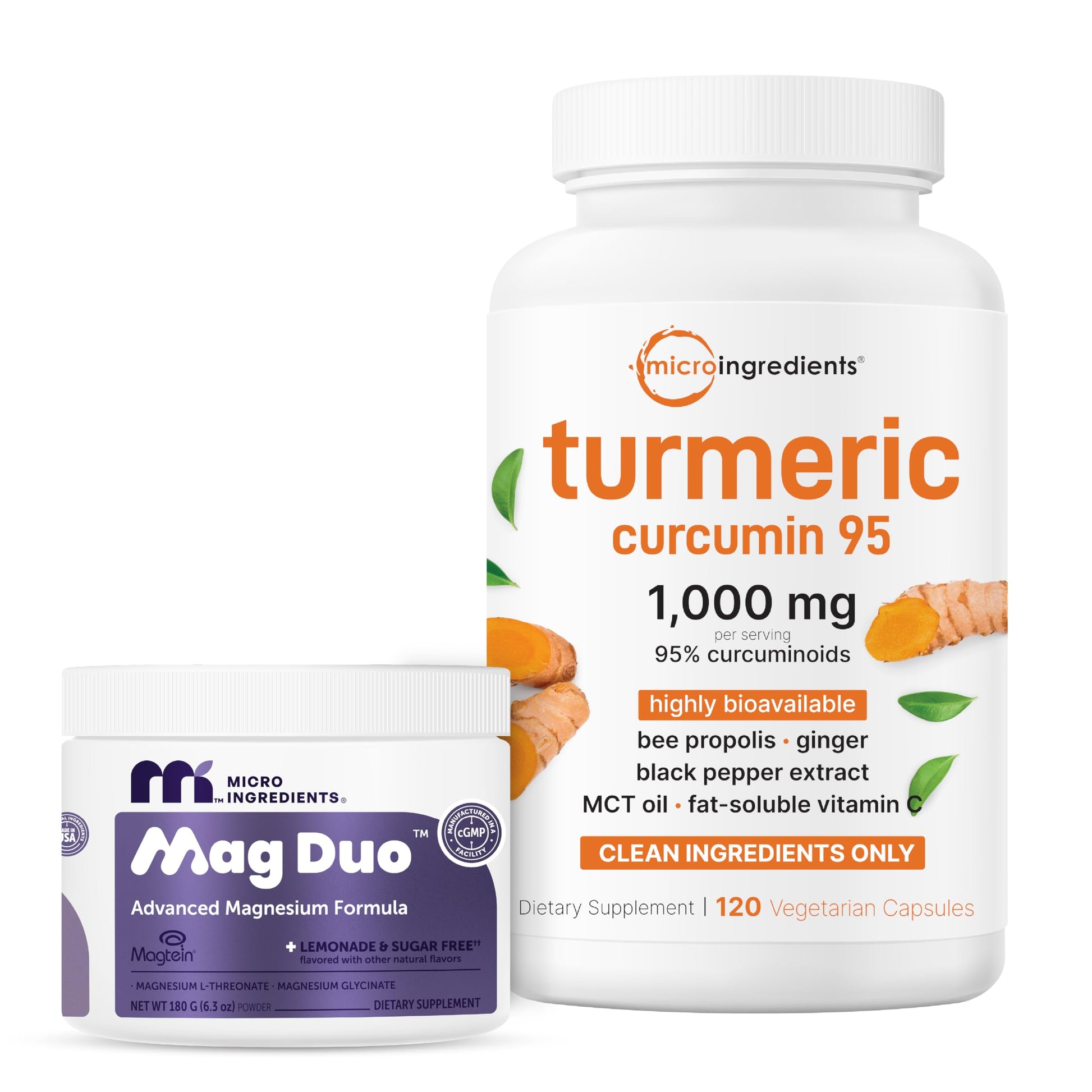 Micro Ingredients Mag Duo Magtein Magnesium L-Threonate Powder & Turmeric Curcumin Capsules, 2 Pack Bundle