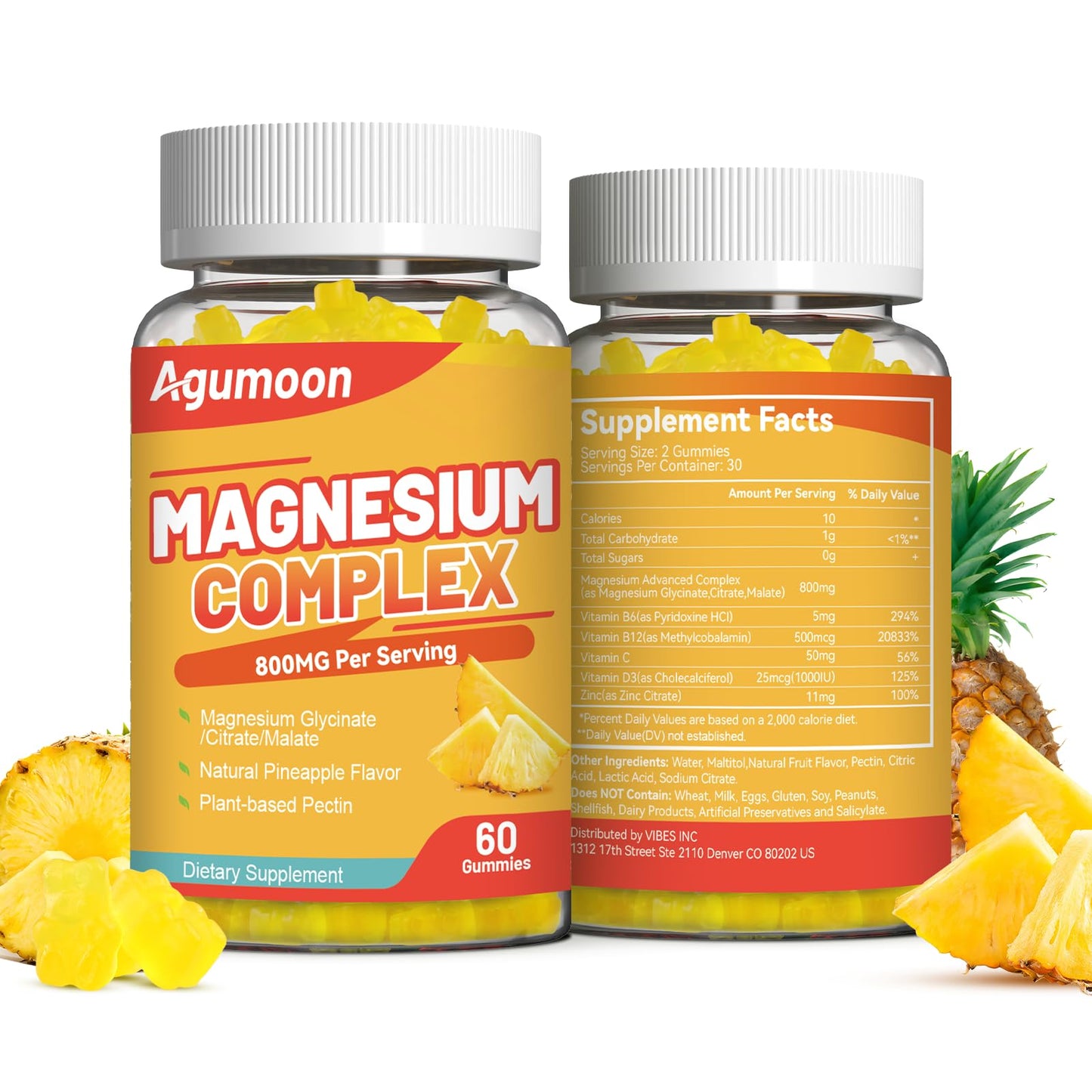 Agumoon Magnesium Complex Gummies 800mg with Zinc & Vitamins B6, B12, C, D3, 120 Gummies