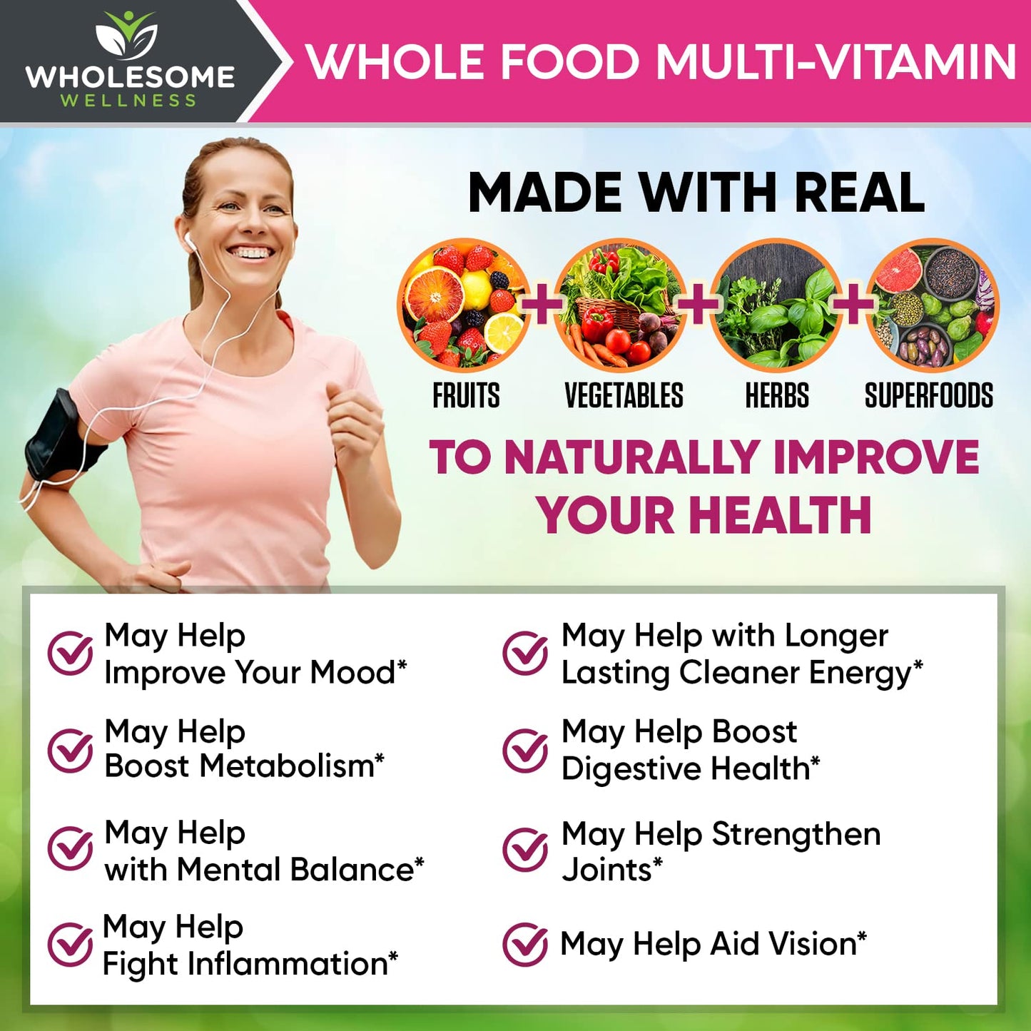 Wholesome Wellness Whole Food Multivitamin for Women - Natural Multi Vitamins, Minerals, Organic Extracts, 120 Tablets