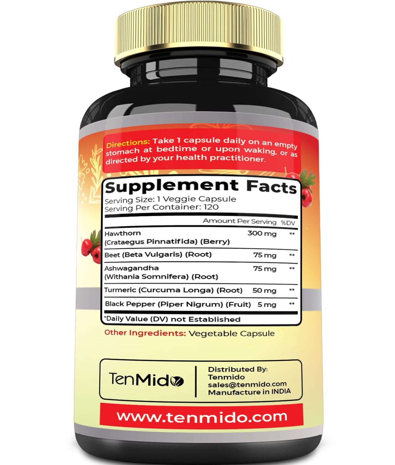 Tenmido Hawthorn Berry Supplement Extract Capsules, 120 Capsules