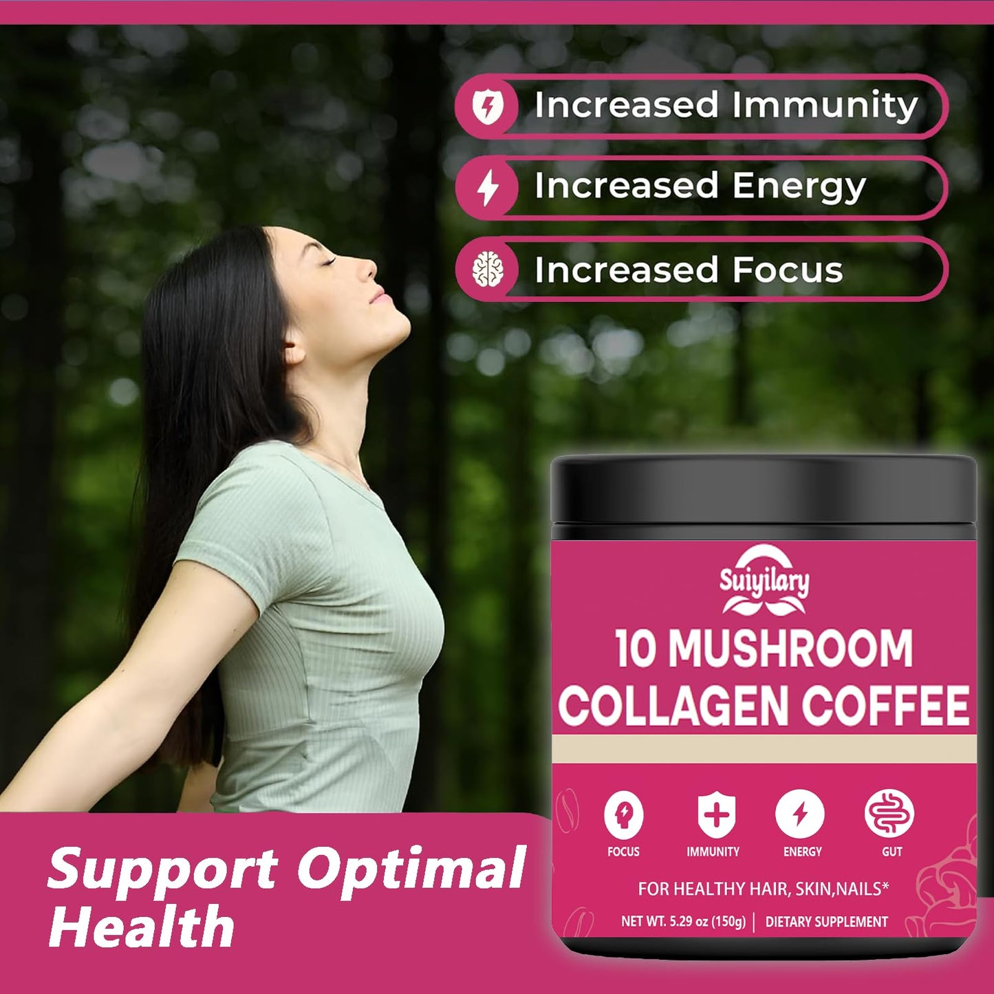 Suiyilary Mushroom Coffee with Collagen Powder, 5.3 Ounce, 30 Servings