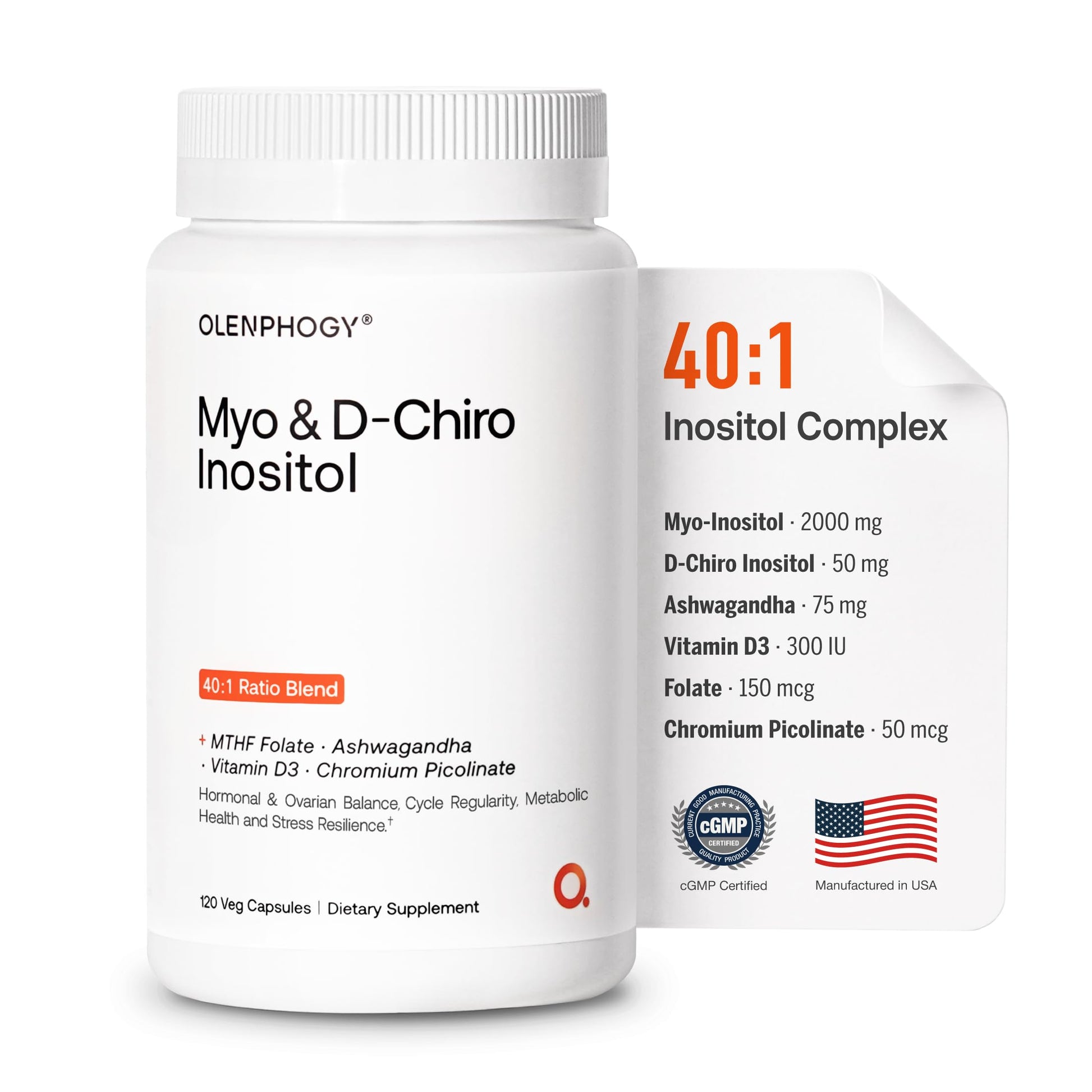 Olenphogy Inositol Supplement for Women – 40:1 Myo & D-Chiro Inositol Complex for Hormonal Balance, Cycles & Mood Support with Ashwagandha, MTHF Folate, Vitamin D3 & Chromium, 120 Capsules