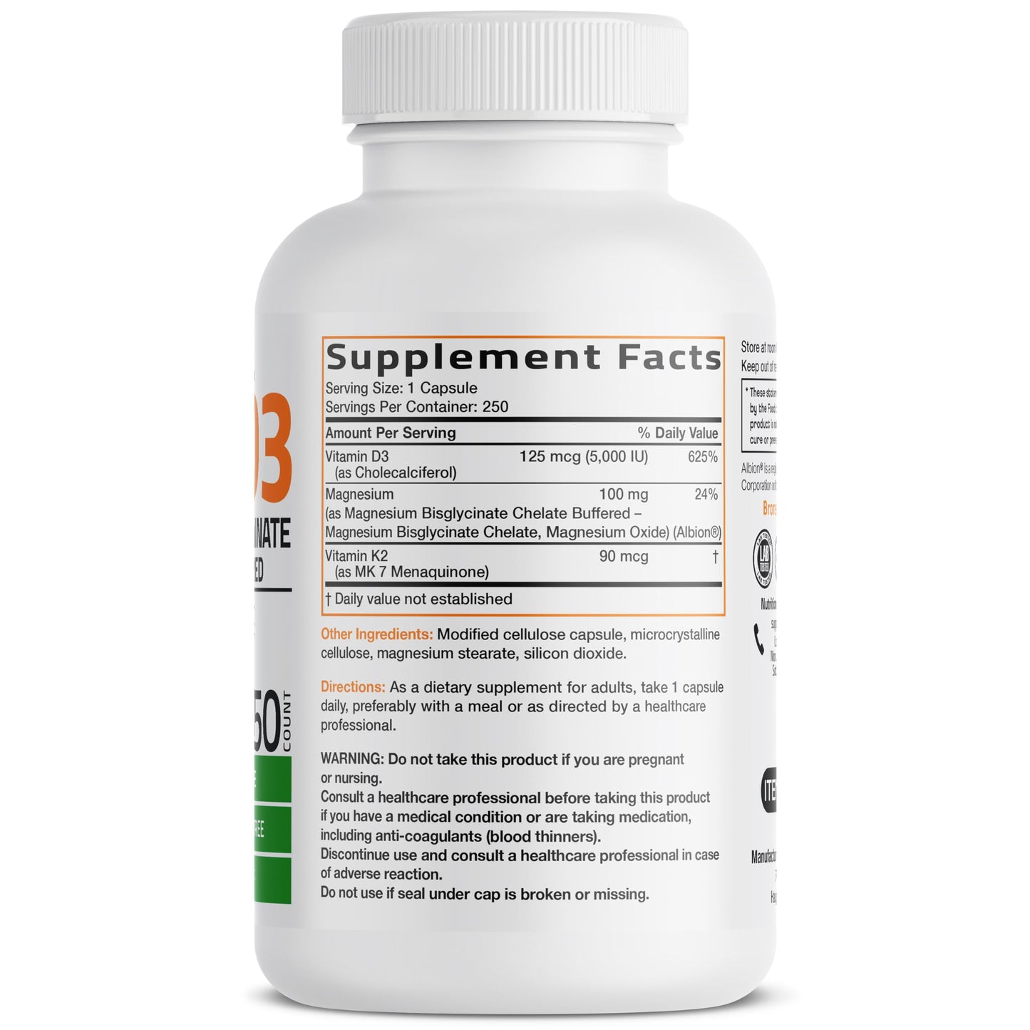 Bronson Vitamin K2 + D3 Magnesium Glycinate, Vitamin K2 as MK-7, 3 in 1 Formula, 250 Capsules