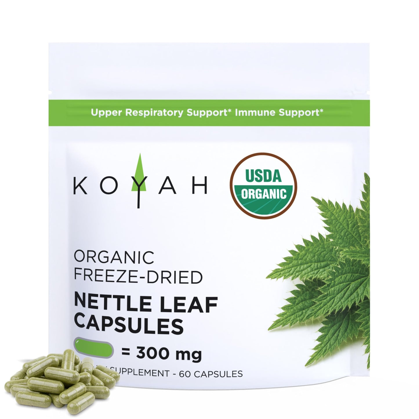 KOYAH Organic Stinging Nettle Leaf Capsules – Freeze-Dried Whole Leaf – 300 mg per Capsule – Upper Respiratory Support & Immune Support – 60 Capsules