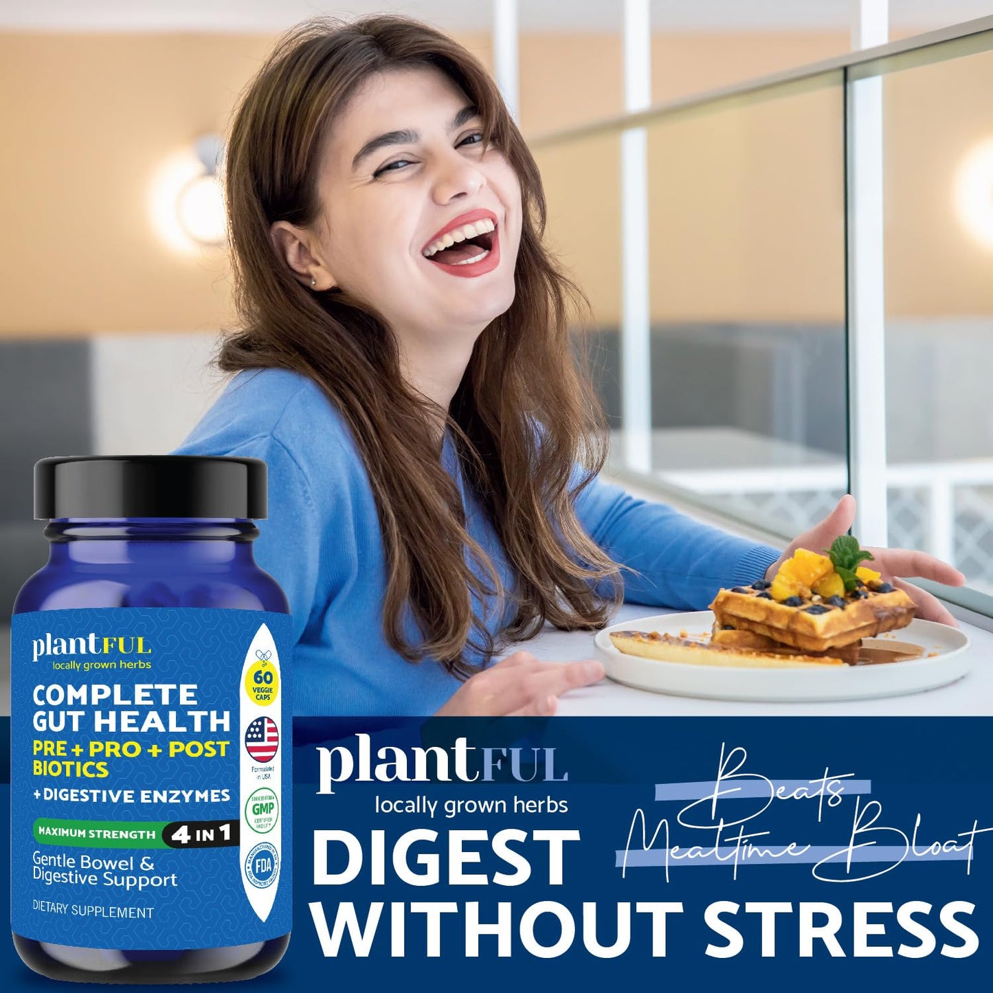 PLANTFUL RESEARCH 4-in-1 Pre Post Probiotics & Digestive Enzymes - Complete Gut Health & Digestive Support for Women & Men - Prebiotic Probiotic & Postbiotic Gas & Bloating Relief, 60 Non-GMO Capsules
