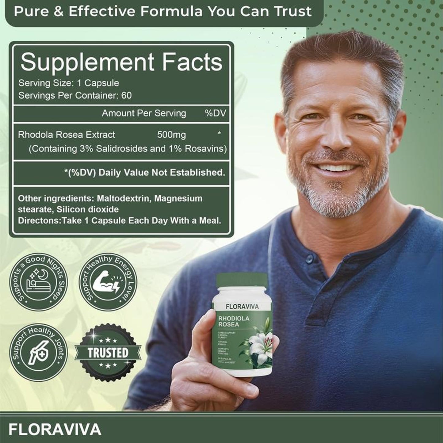 Floraviva Rhodiola Rosea Capsules 500mg (Standardized for 3% Rosavins & 1% Salidroside) 120 Capsules