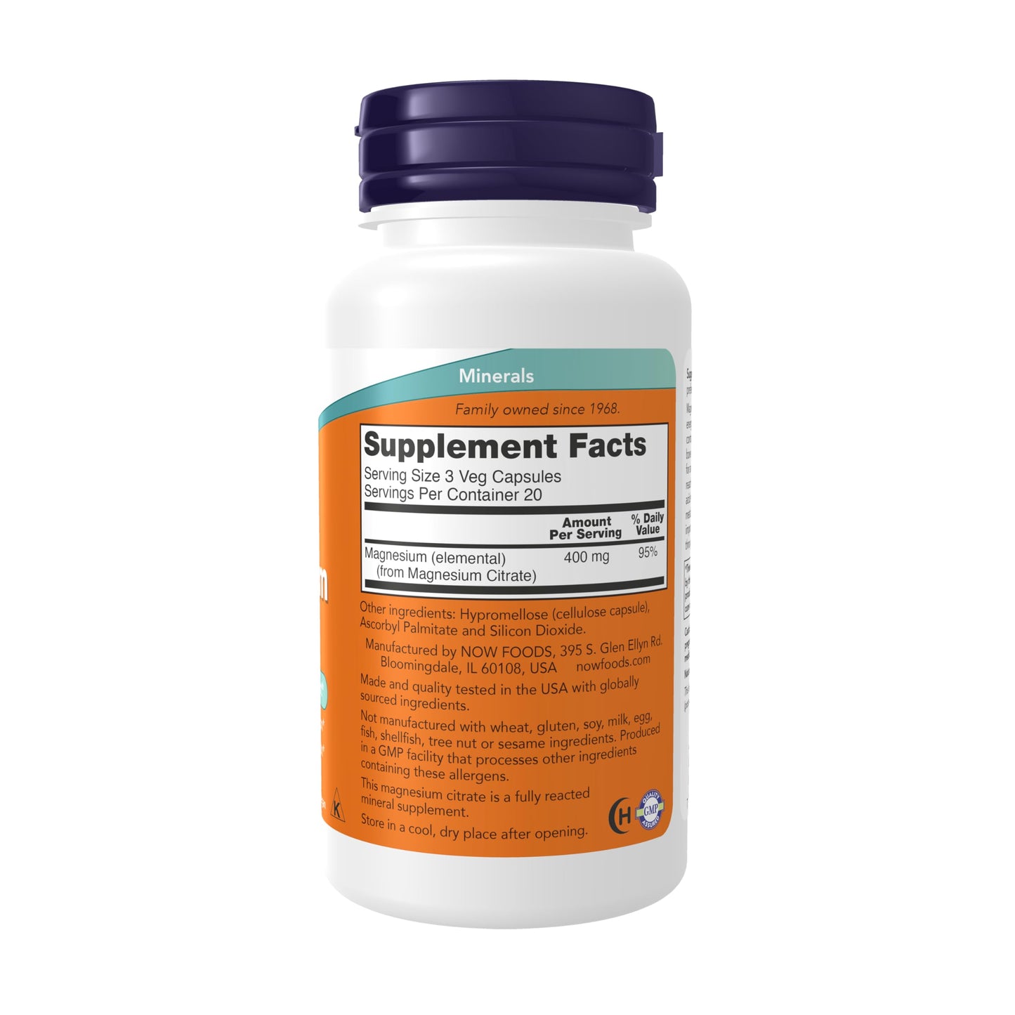 NOW Foods Magnesium Citrate Capsule, 60 Veg Caps