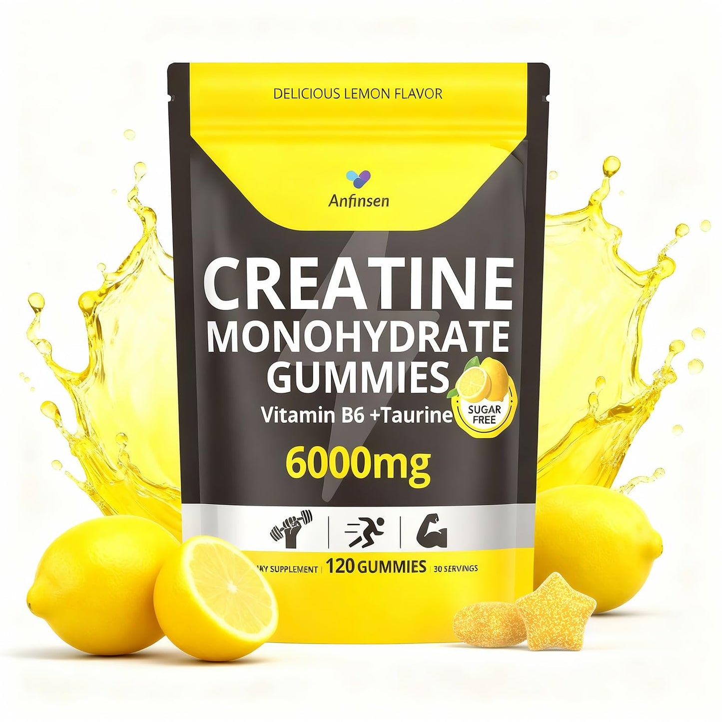 Anfinsen Sugar-Free Creatine Gummies 6000mg, Vitamin B6 & Taurine, Vegan, Gluten-Free, Lemon Flavor, 120 Gummies
