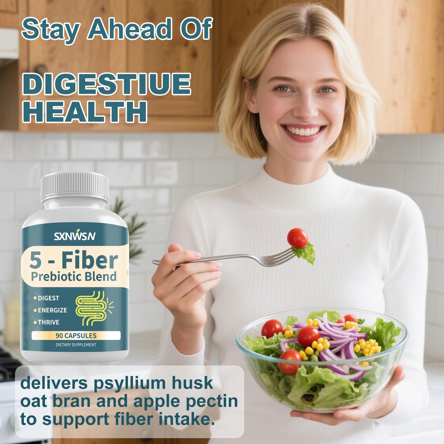 SXNWSN Fiber Supplement 5-Fiber (Soluble & Insoluble) Prebiotic Formula Capsule 90 Count