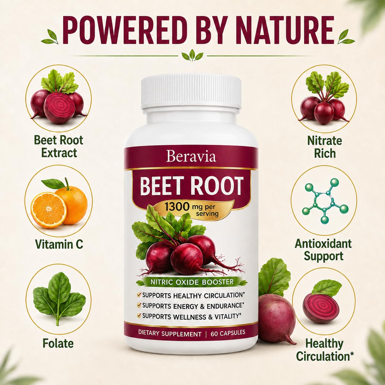 Beravia Organic Beetroot 1300mg Capsules, 60 Count