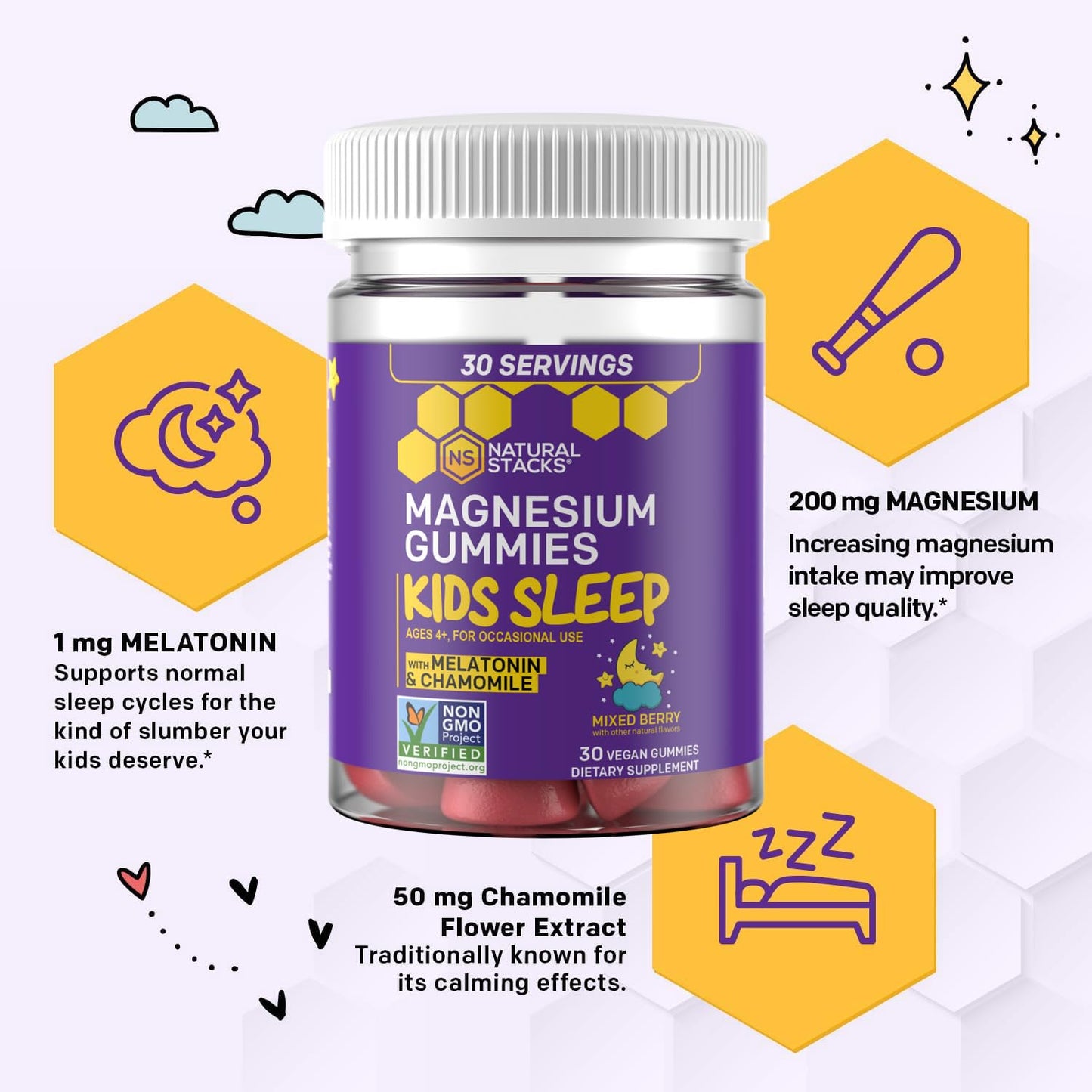 Natural Stacks Kids Sleep Magnesium Gummies with Melatonin, 30 Gummies