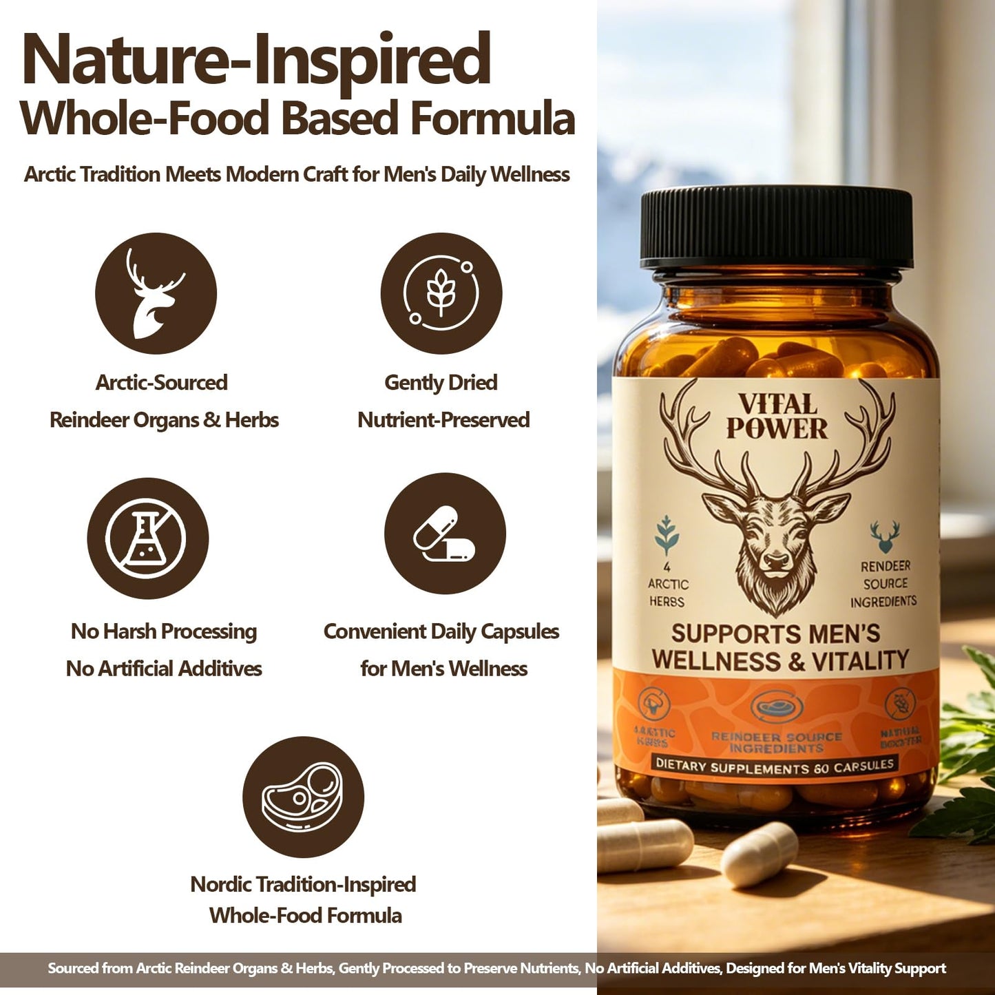 Bnaddain Men’s Vitality Supplement Arctic Herbal & Reindeer Nutrient Blend Energy Support Capsules, 60 Capsules