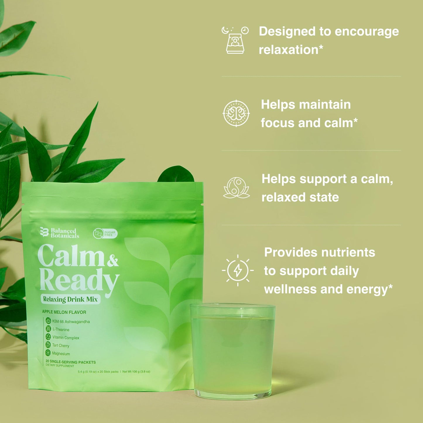 Balanced Botanicals Calm and Ready Powder Mix, Cortisol Reducer*, Sleep & Relaxation Aid, Magnesium Glycinate, Ashwagandha KSM-66, L-Theanine, Tart Cherry, Sugar Free, 20 Packets