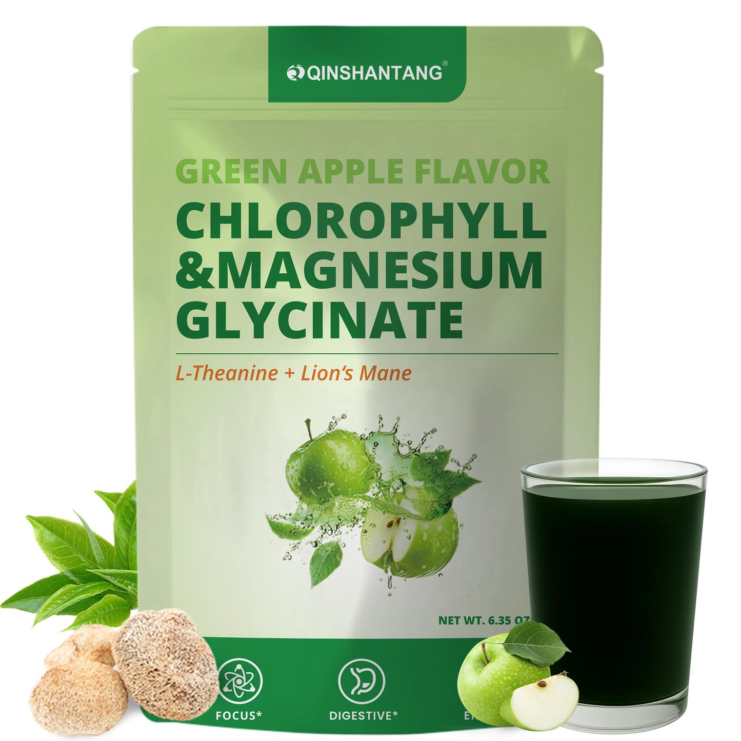 QIN SHAN TANG Magnesium Glycinate & Chlorophyll Powder with L-Theanine, Lion's Mane, 6.35 oz