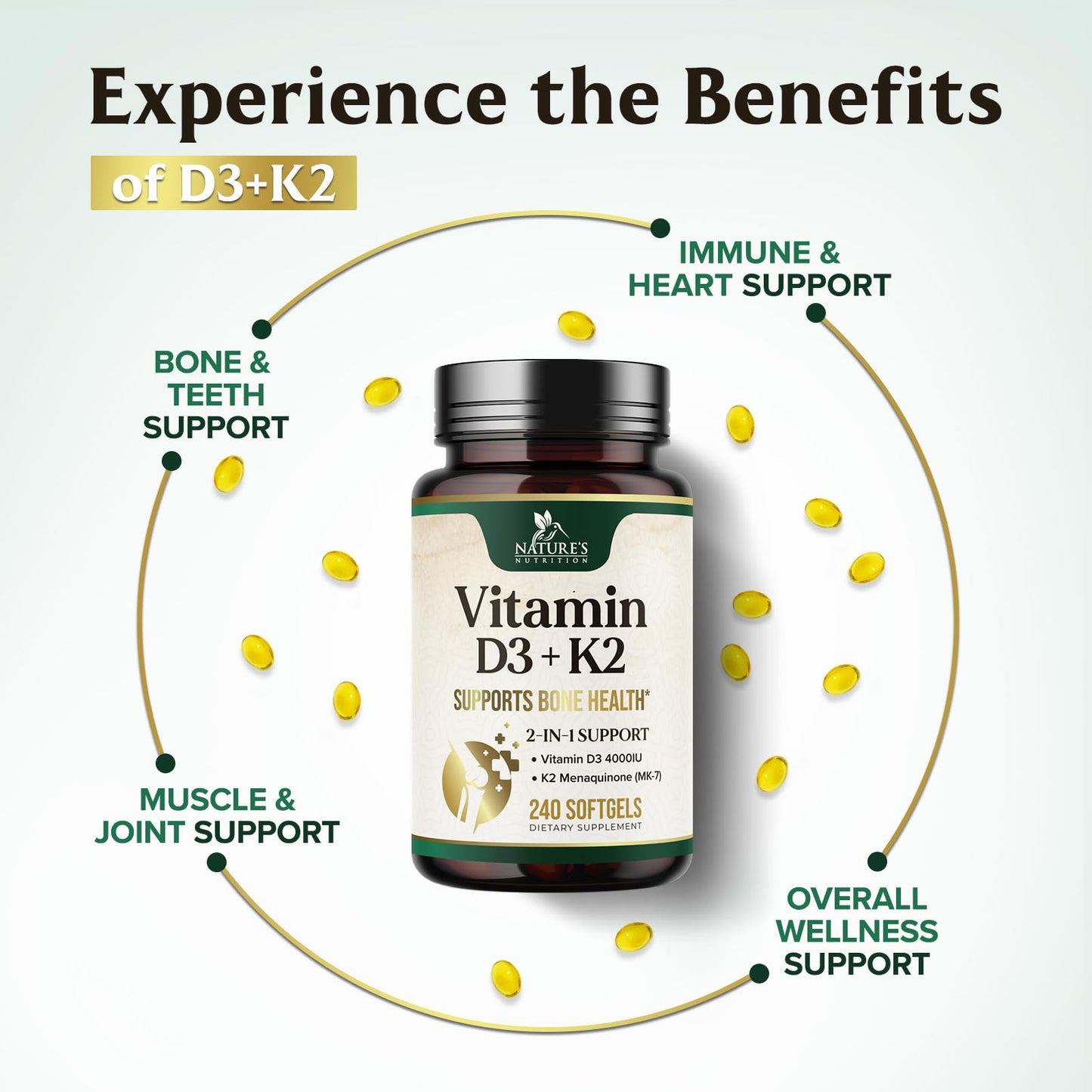 Nature's Nutrition Vitamin D3 & K2 Softgels 4000 IU (100 mcg) per Serving, 2-in-1 for Bone, Heart & Muscle Support, Immune Support & Calcium Absorption with Olive Oil, Non-GMO USA Bottled, 240 Softgels