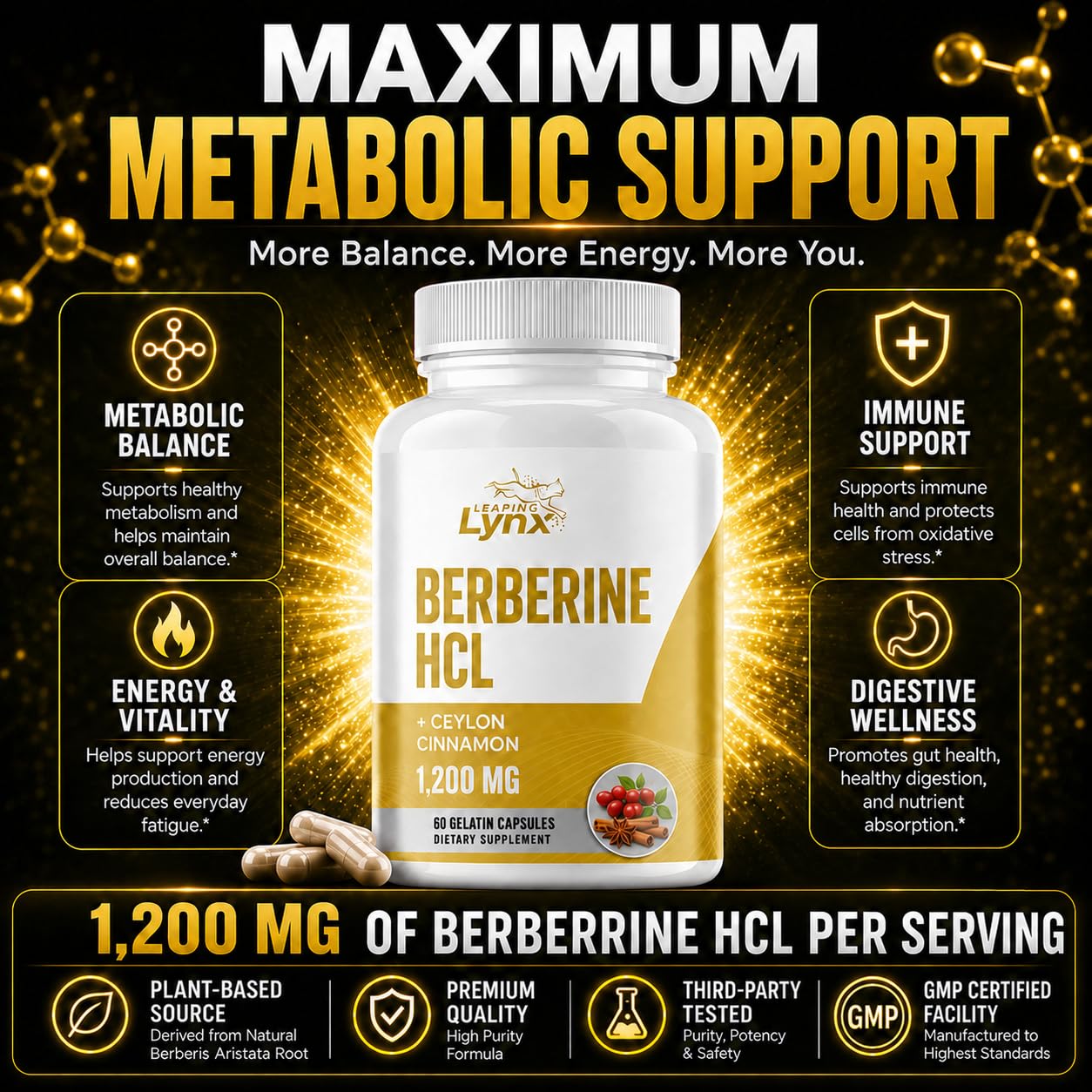 Leaping Lynx Berberine HCl 1200mg, 60 Capsules
