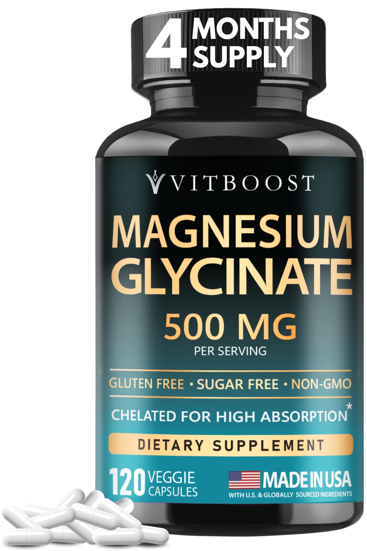 VITBOOST Magnesium Glycinate 500mg, 120 Capsules