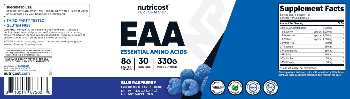 Nutricost EAA Powder 30 Servings Blue Raspberry, 11.6 oz