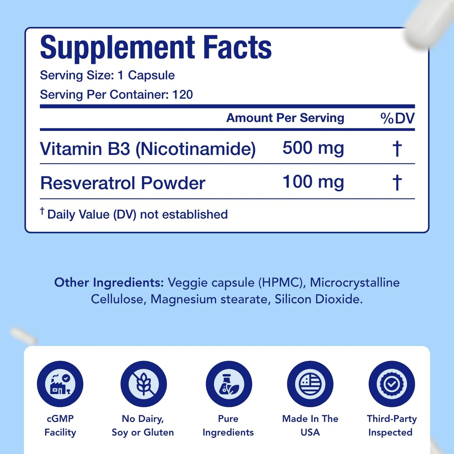 NasaBeahava Resveratrol with Vitamin B3 Nicotinamide 500mg NAD+ Precursor and Longevity Complex Capsule 120 Count