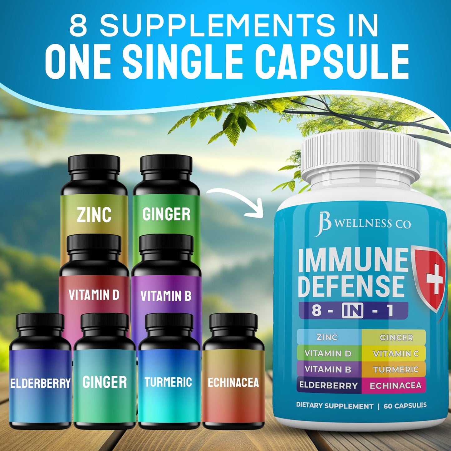 JB Wellness Co Immune Support 8 in 1 Capsules, 180 Count