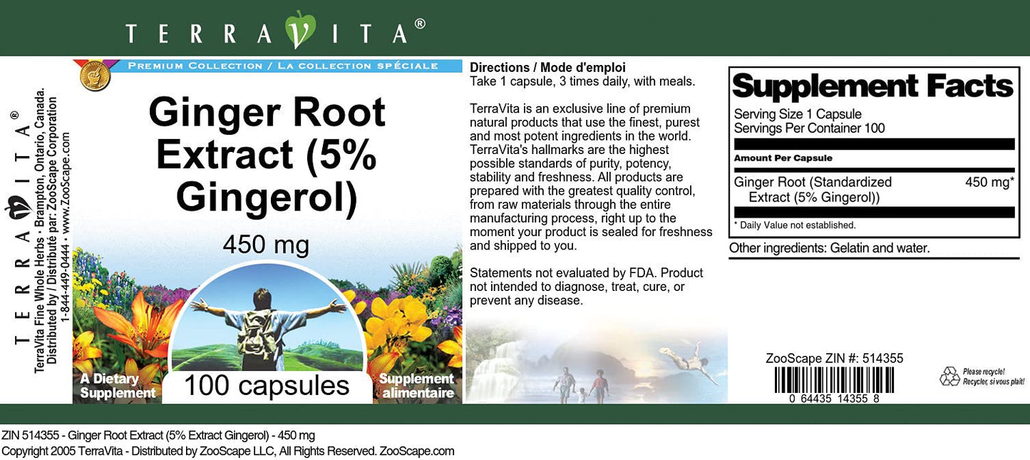 Terravita Ginger Root Extract (5% Gingerol) 450 mg Capsules, 300 Count