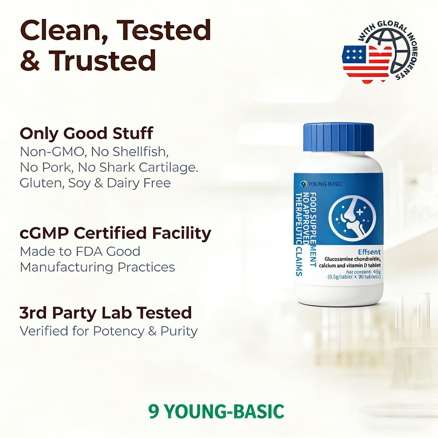 9 YOUNG-BASIC Glucosamine Chondroitin with Calcium + Vitamin D3 4-in-1 Health Supplement for Joint Repair, Sugar Free Vegan Tablets, 90 Tablets